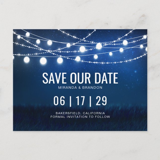 Blue Night & Silver String Lights Save the Date Announcement Postcard (Front)