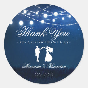 Blue Night & Silver String Lights Wedding Favor Classic Round Sticker