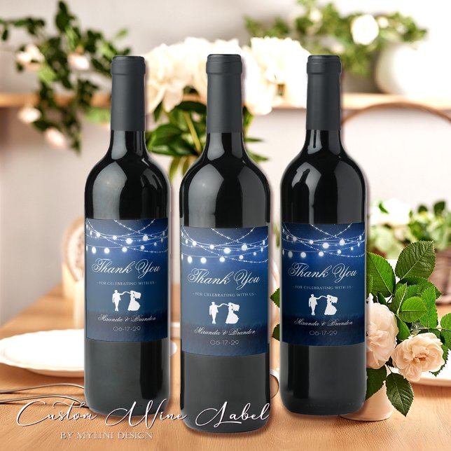 Blue Night & Silver String Lights Wedding Favor Wine Label (Creator Uploaded)