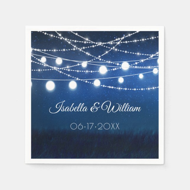 Blue Night & Silver String Lights Wedding Napkins (Front)
