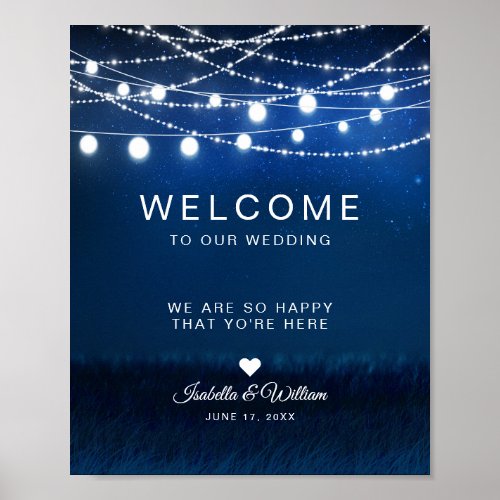 Blue Night  Silver String Lights Wedding Welcome Poster