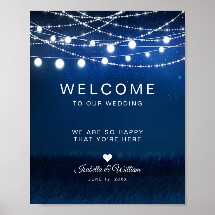 Blue Night & Silver String Lights Wedding Welcome Poster | Zazzle