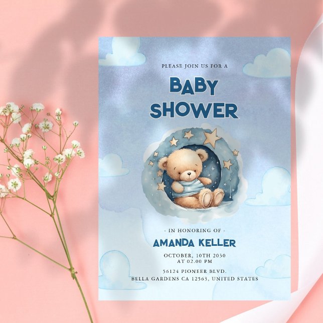 Blue Night Sky Baby Bear Shower Invitation (Creator Uploaded)