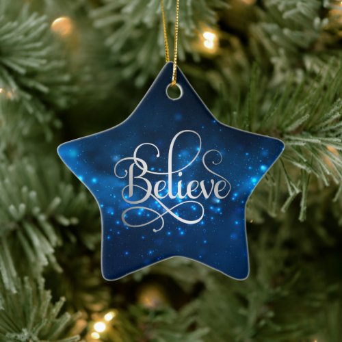 Blue Night Sky Believe Christmas Ceramic Ornament