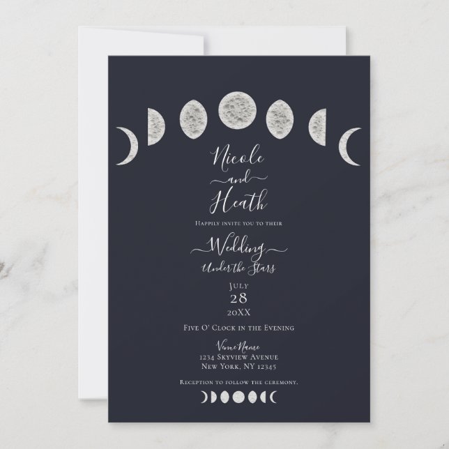 Blue Night Sky Moon Phases Evening Wedding  Invitation (Front)