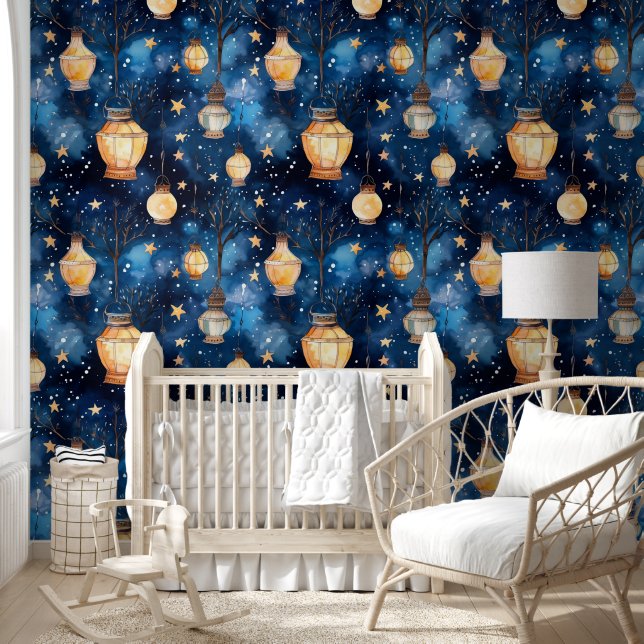 Blue night sky orange lamps wallpaper  (Kids)