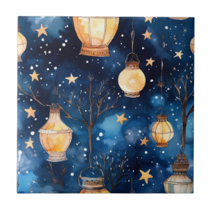 Blue night sky orange lantern ceramic tile