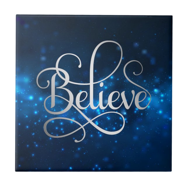 Blue Night Sky Stars Believe Christmas Ceramic Tile (Front)