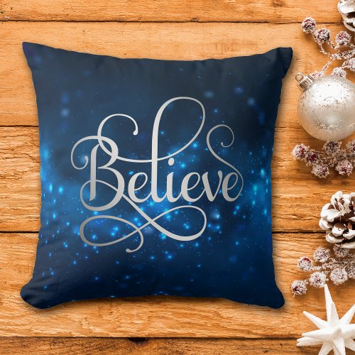 Blue Night Sky Stars Believe Christmas Throw Pillow
