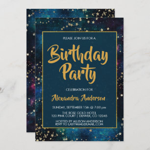 Blue Night Sky with Gold Foil Stars Birthday Party Invitation