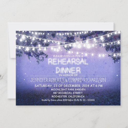 blue night &amp; string lights rehearsal dinner personalized invitation