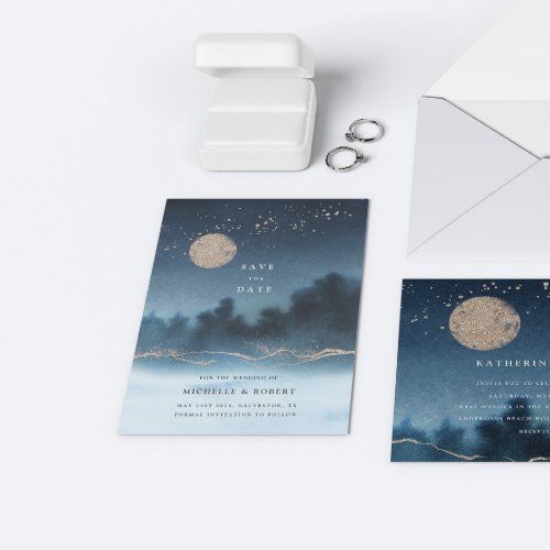 Blue Night Watercolor Landscape Save The Date Invitation