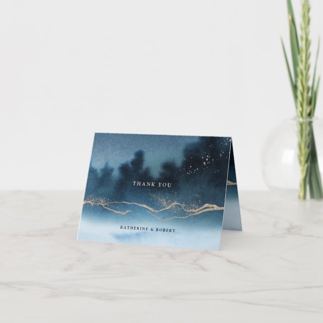 Blue Night Watercolor Landscape Thank You Card (Front)