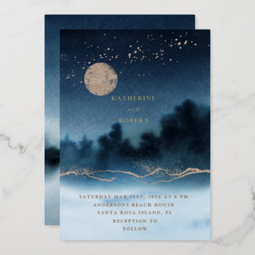 Blue Night Watercolor Landscape Wedding Foil Invitation
