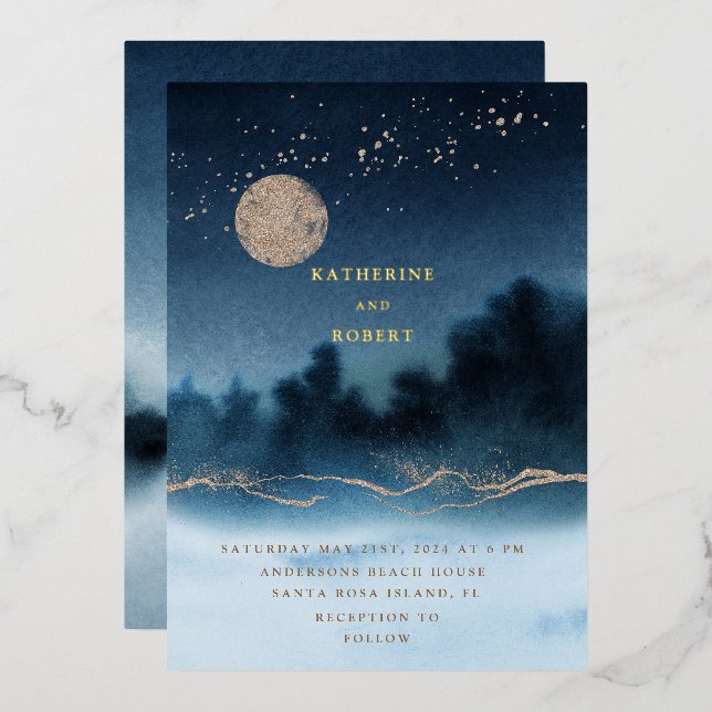 Blue Night Watercolor Landscape Wedding Foil Invitation (Front/Back)