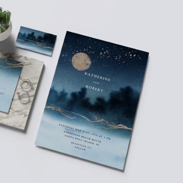 Blue Night Watercolor Landscape Wedding Invitation (Creator Uploaded)