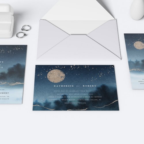 Blue Night Watercolor Landscape Wedding Invitation