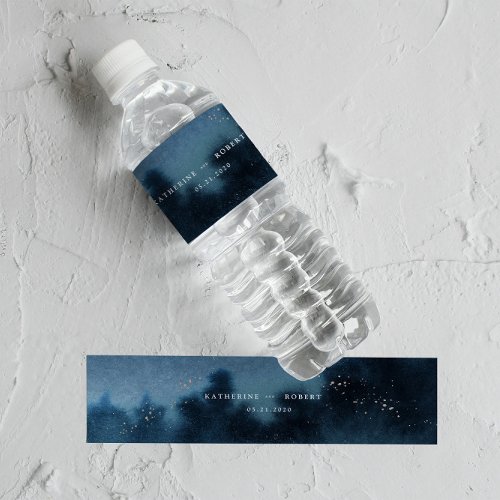 Blue Night Watercolor Landscape Wedding  Water Bottle Label