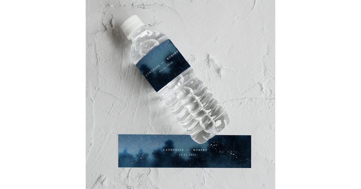 Blue Night Watercolor Landscape Wedding Water Bottle Label | Zazzle