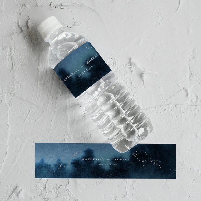 Blue Night Watercolor Landscape Wedding  Water Bottle Label (Creator Uploaded)