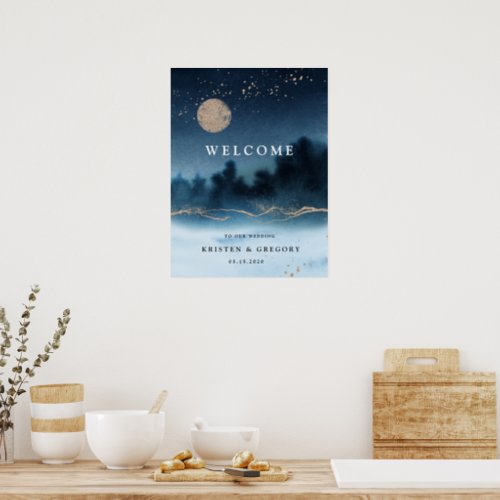 Blue Night Watercolor Landscape Wedding Welcome Poster