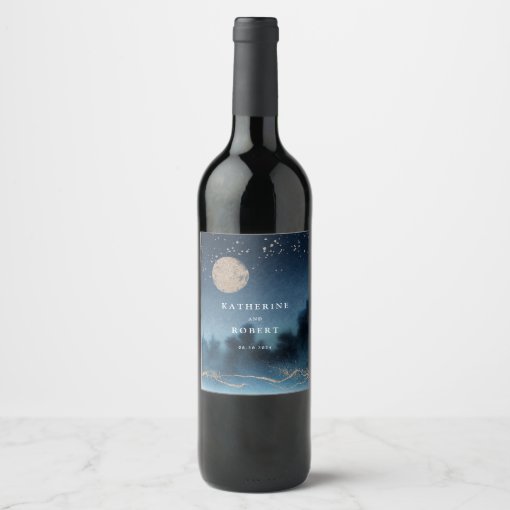 Blue Night Watercolor Landscape Wedding Wine Label | Zazzle