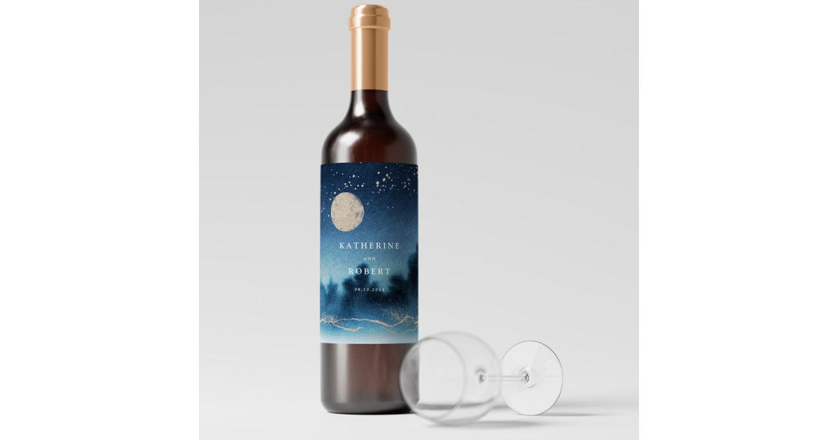 Blue Night Watercolor Landscape Wedding Wine Label | Zazzle