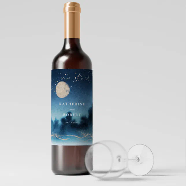 Blue Night Watercolor Landscape Wedding Wine Label | Zazzle