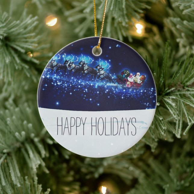 Blue Night With Santa Claus, Reindeer and Sleigh Ceramic Ornament (Tree)