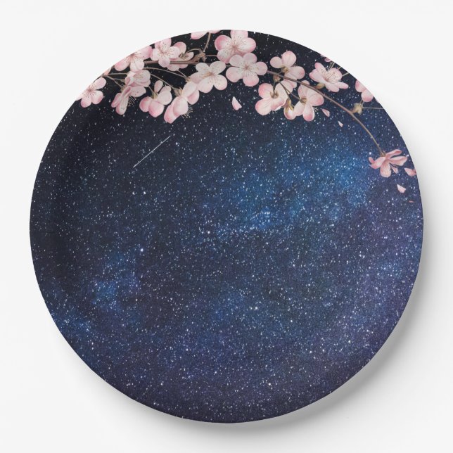 Blue Nightsky Galaxy & Cherry Blossom Engagement Paper Plates (Front)