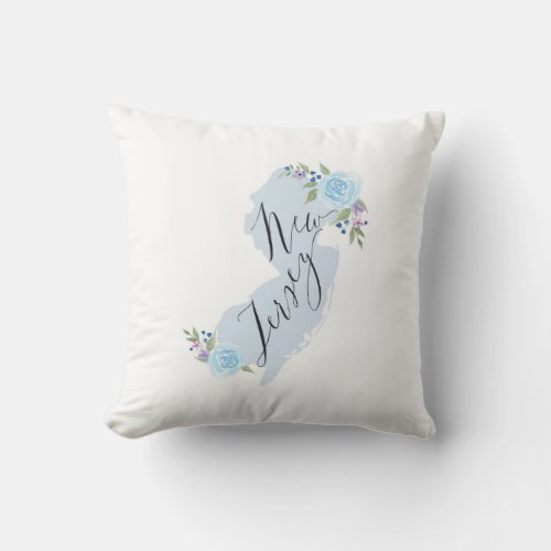 Blue NJ Watercolor Floral State Map Throw Pillow