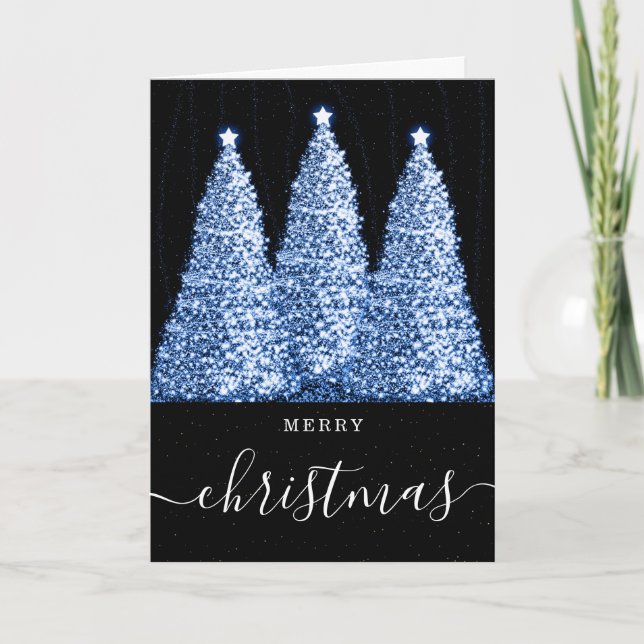 Blue No Photo Christmas Holidays Glitter Trees Holiday Card (Front)
