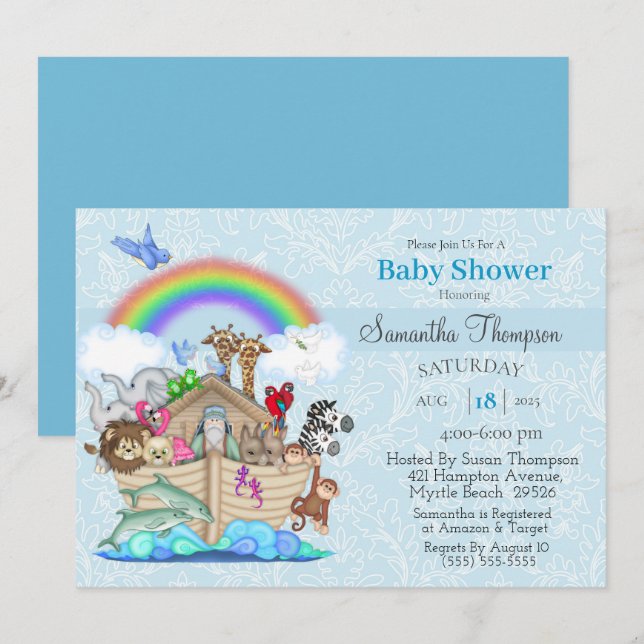 Blue Noah's Ark Baby Shower Invitation (Front/Back)