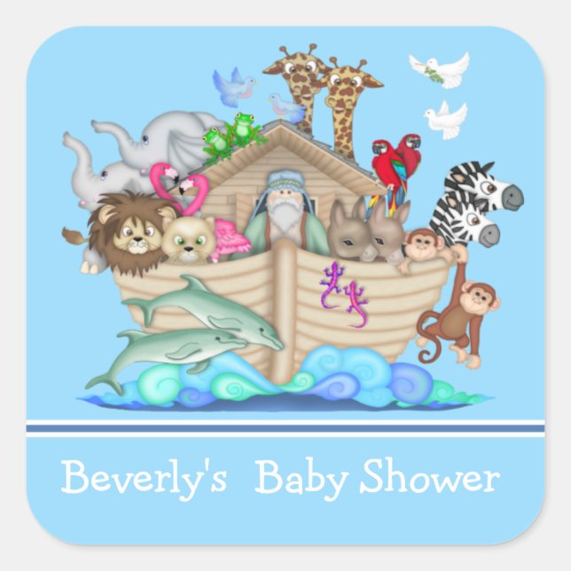 Blue Noah's Ark Baby Shower Sticker (Front)