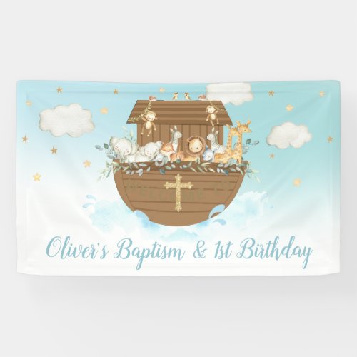 Blue Noahs Ark Boy 1st Birthday Baptism Backdrop Banner