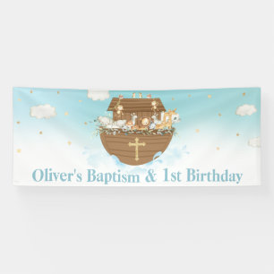 Blue Noah's Ark Boy 1st Birthday Baptism Backdrop Banner