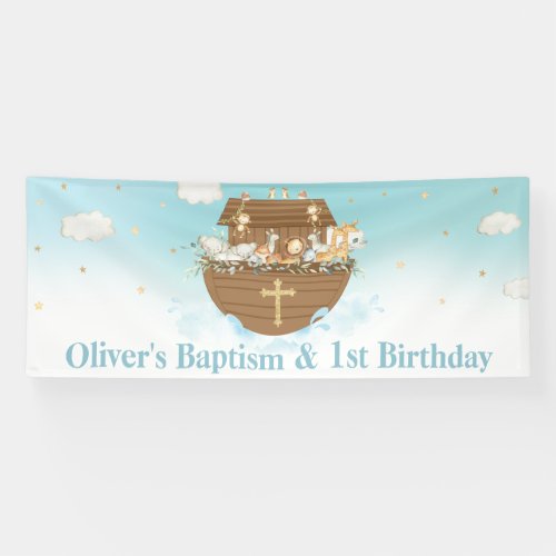 Blue Noahs Ark Boy 1st Birthday Baptism Backdrop  Banner