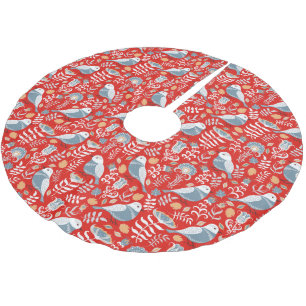Blue Nordic Bird on Red Brushed Polyester Tree Skirt