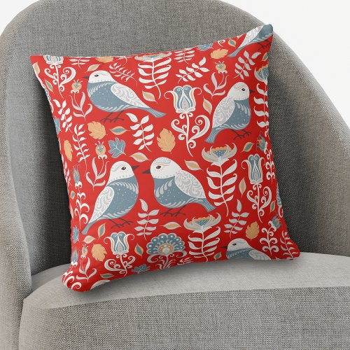 Blue Nordic Bird on Red Pattern Throw Pillow