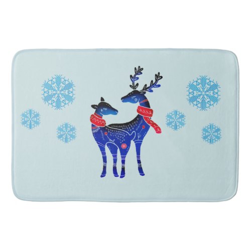 Blue Nordic Christmas Reindeer Pair Bath Mat