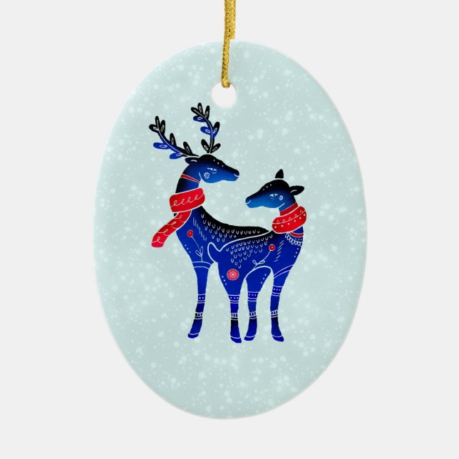 Blue Nordic Christmas Reindeer Pair Ceramic Ornament (Front)