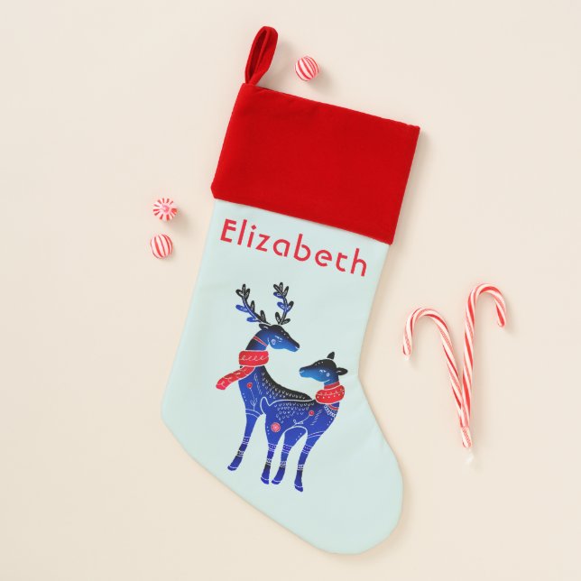 Blue Nordic Christmas Reindeer Pair Christmas Stocking (Front)