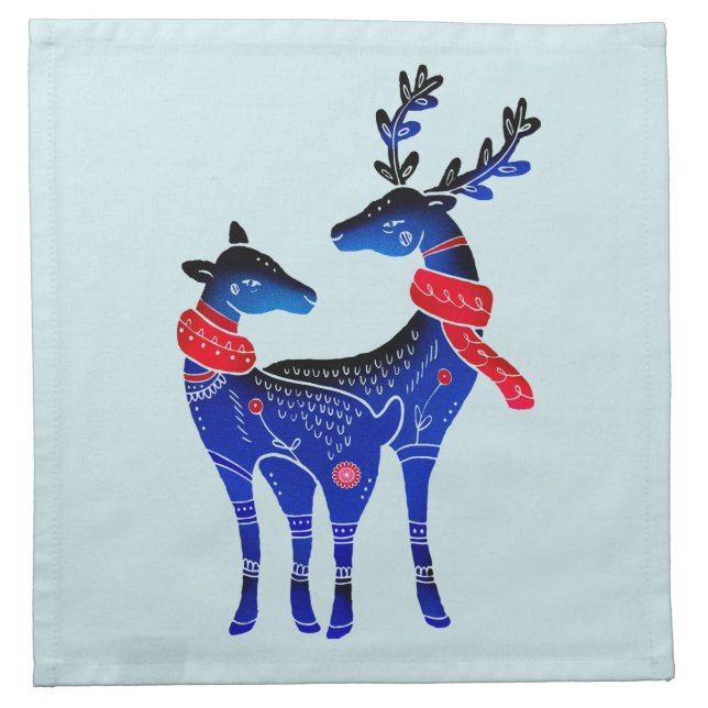 Blue Nordic Christmas Reindeer Pair Cloth Napkin (Front)