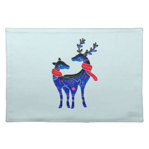 Blue Nordic Christmas Reindeer Pair Cloth Placemat