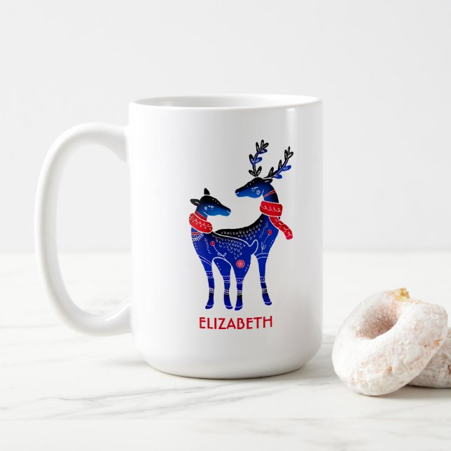 Blue Nordic Christmas Reindeer Pair Coffee Mug (With Donut)