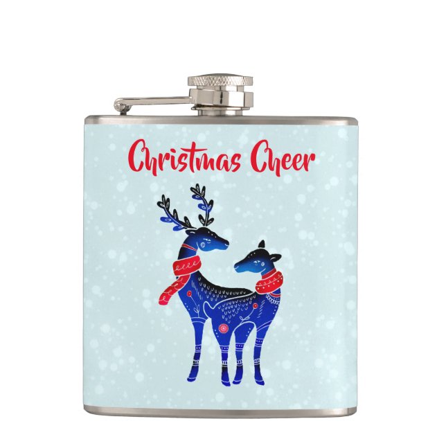 Blue Nordic Christmas Reindeer Pair Flask (Front)