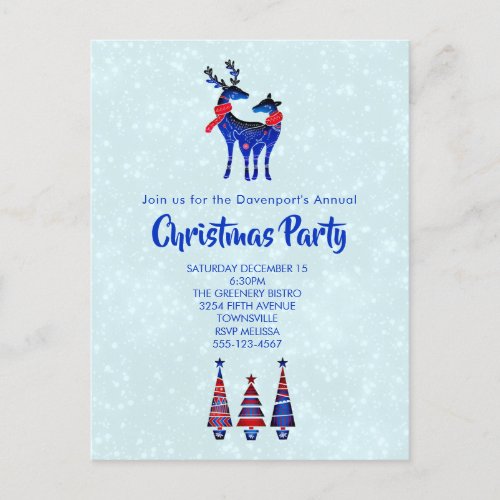 Blue Nordic Christmas Reindeer Pair Invitation Postcard