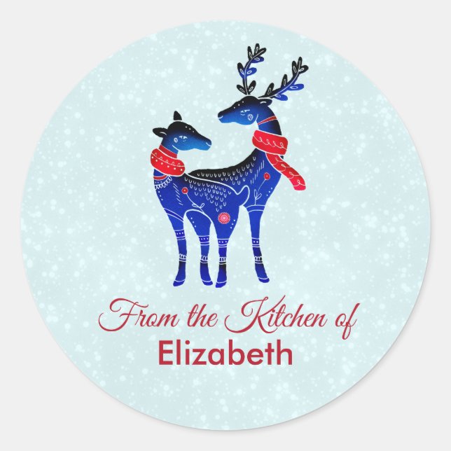 Blue Nordic Christmas Reindeer Pair Kitchen Classic Round Sticker (Front)