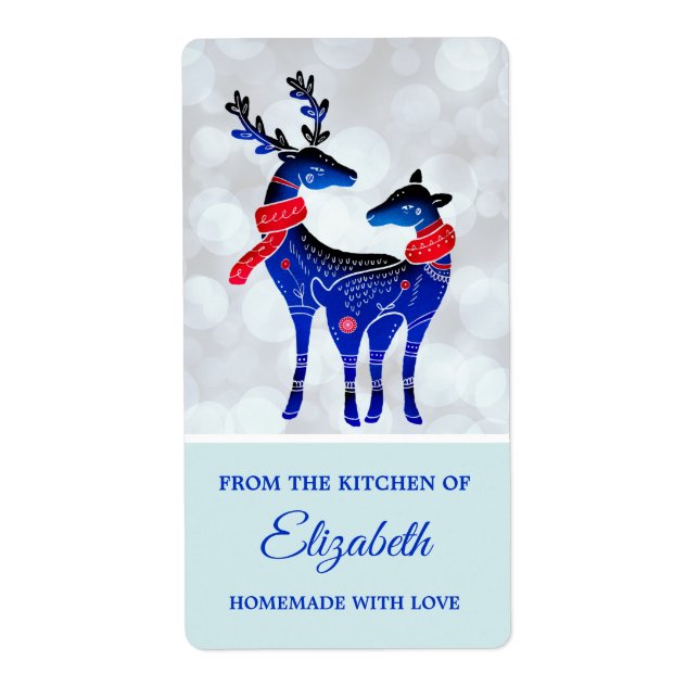 Blue Nordic Christmas Reindeer Pair Kitchen Label (Front)
