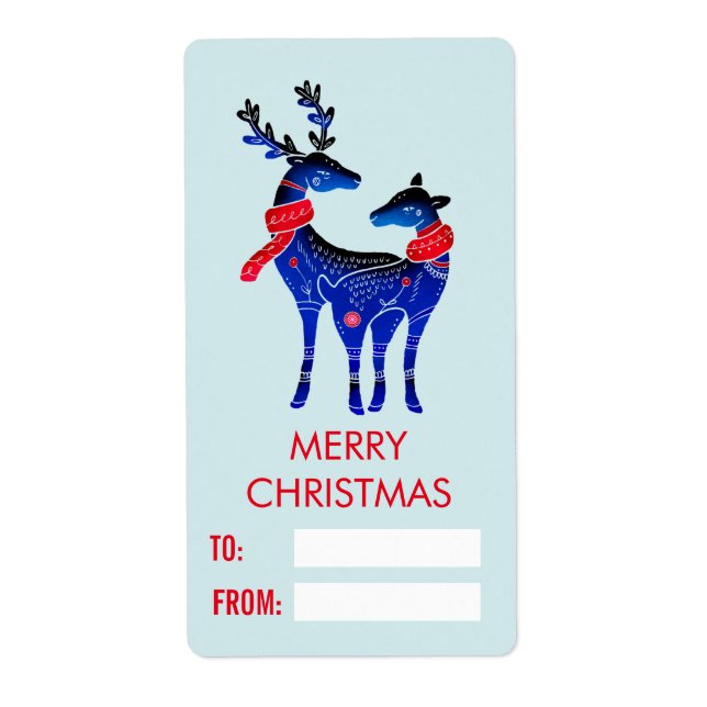 Blue Nordic Christmas Reindeer Pair Label (Front)